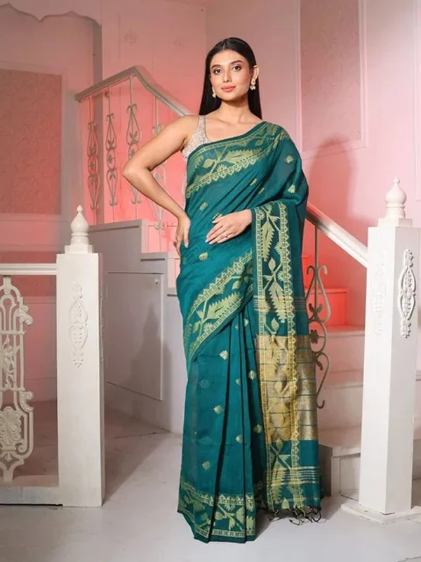 Handloom Jamdani Border Saree - Free, Cardin Green