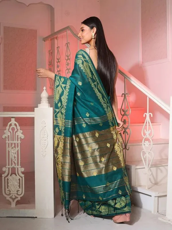 Handloom Jamdani Border Saree - Free, Cardin Green