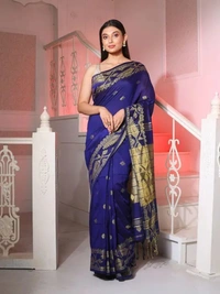 Handloom Jamdani Border Saree - Free, Navy Blue