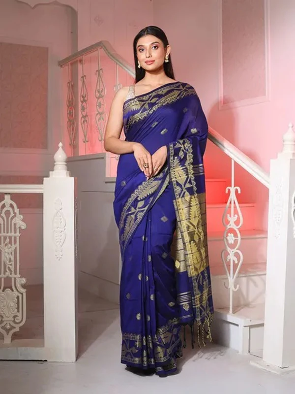 Handloom Jamdani Border Saree - Free, Navy Blue