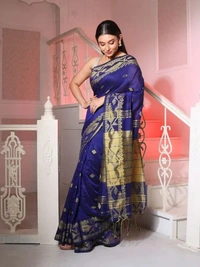 Handloom Jamdani Border Saree - Free, Navy Blue