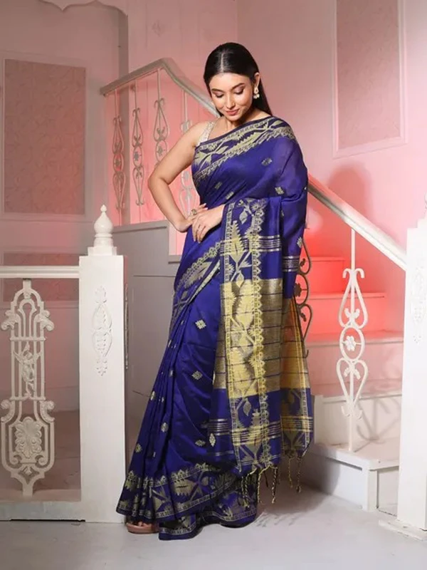 Handloom Jamdani Border Saree - Free, Navy Blue