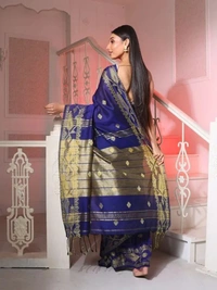 Handloom Jamdani Border Saree - Free, Navy Blue
