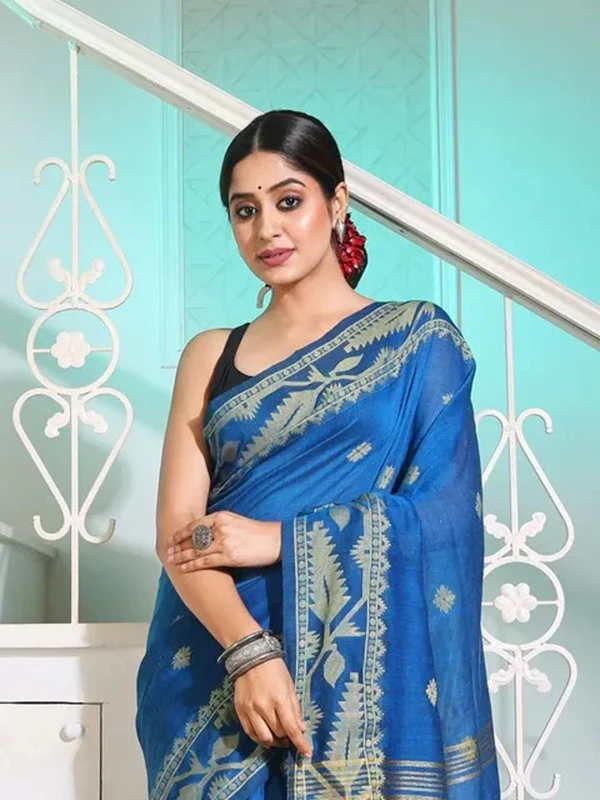 Handloom Jamdani Border Saree - Free, Blue