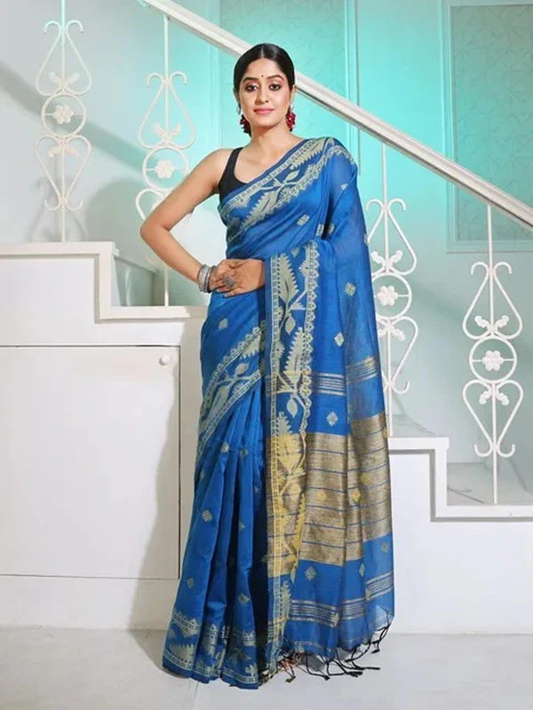 Handloom Jamdani Border Saree - Free, Blue