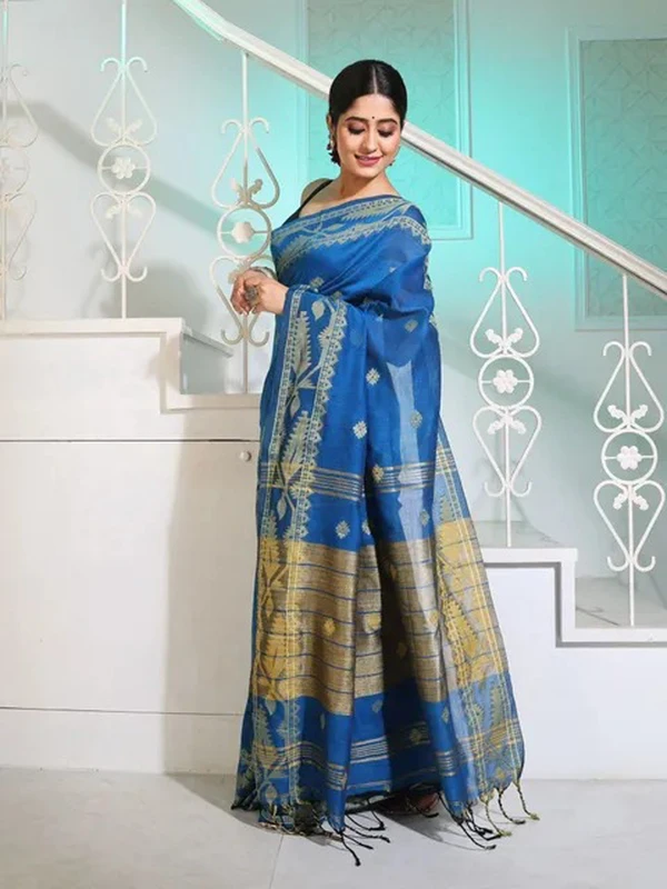 Handloom Jamdani Border Saree - Free, Blue