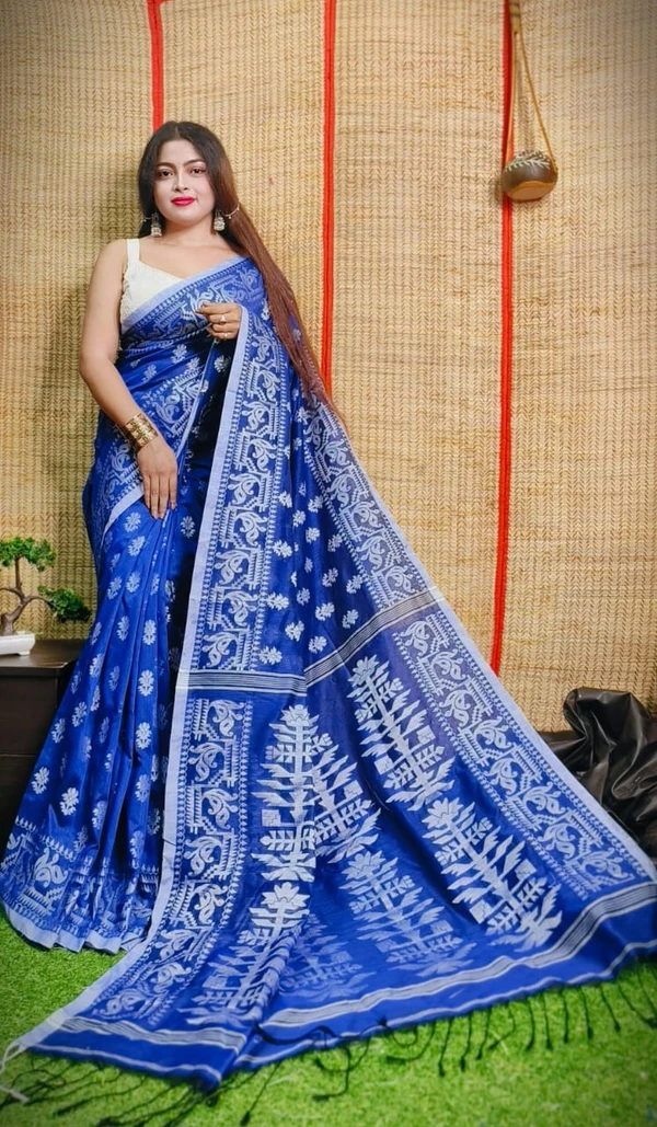 Handloom Khadi Jamdani - Free, Royal Blue