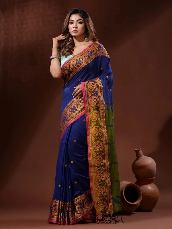 Handloom Woven Mango Border Saree - Free, Blue & Green
