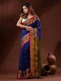Handloom Woven Mango Border Saree - Free, Blue & Green