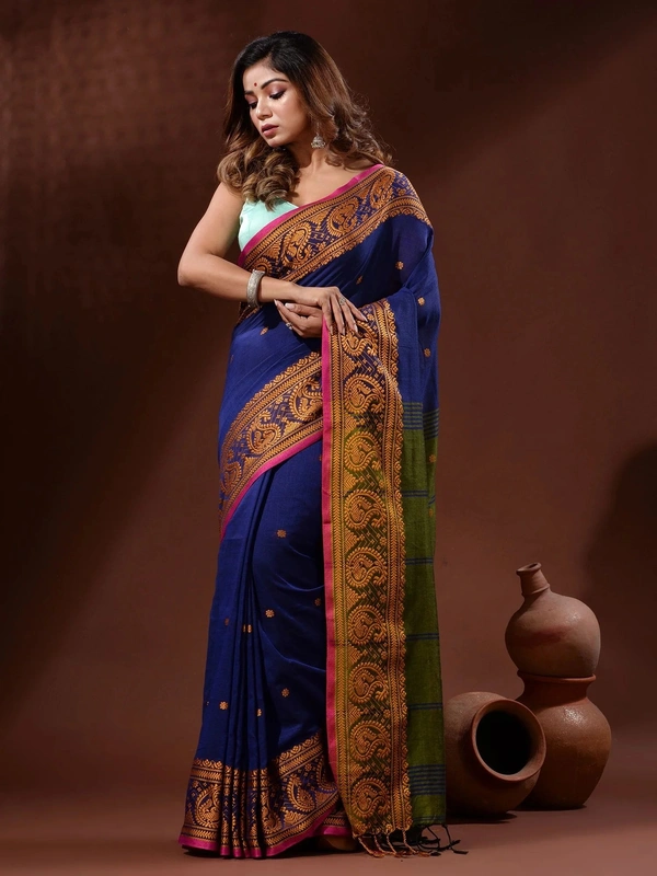 Handloom Woven Mango Border Saree - Free, Blue & Green