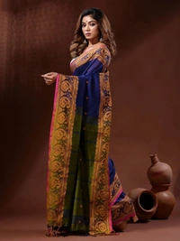 Handloom Woven Mango Border Saree - Free, Blue & Green