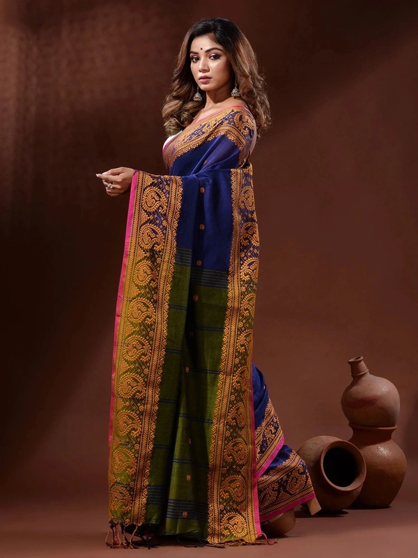 Handloom Woven Mango Border Saree - Free, Blue & Green