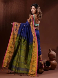 Handloom Woven Mango Border Saree - Free, Blue & Green