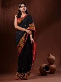 Handloom Woven Mango Border Saree - Free, Black & Magenta