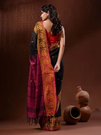 Handloom Woven Mango Border Saree - Free, Black & Magenta
