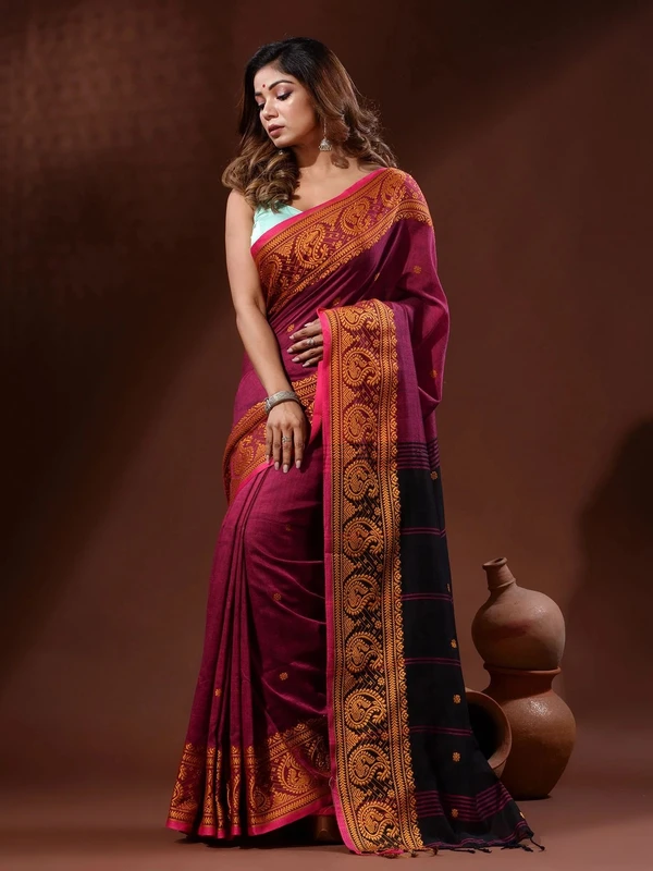 Handloom Woven Mango Border Saree - Free, Maroon & Black