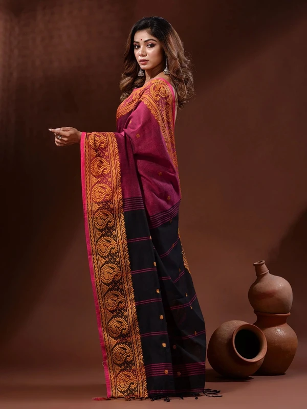 Handloom Woven Mango Border Saree - Free, Maroon & Black