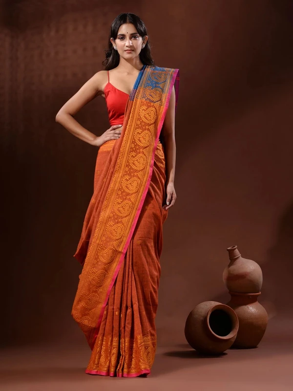 Handloom Woven Mango Border Saree - Free, Chilean Fire & Blue