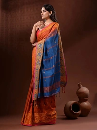 Handloom Woven Mango Border Saree - Free, Chilean Fire & Blue