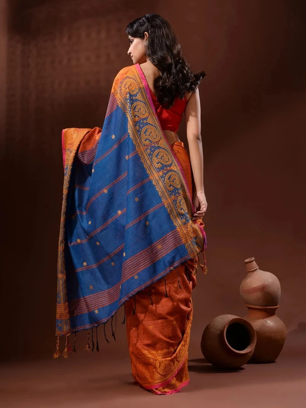 Handloom Woven Mango Border Saree - Free, Chilean Fire & Blue