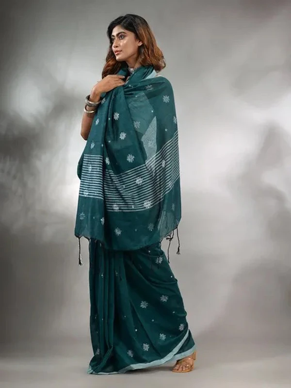 Handloom Floral Motive Saree - Teal