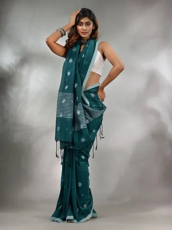 Handloom Floral Motive Saree - Teal, Cotton, Cotton (CK)