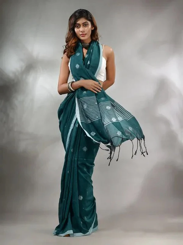 Handloom Floral Motive Saree - Teal, Cotton, Cotton (CK)