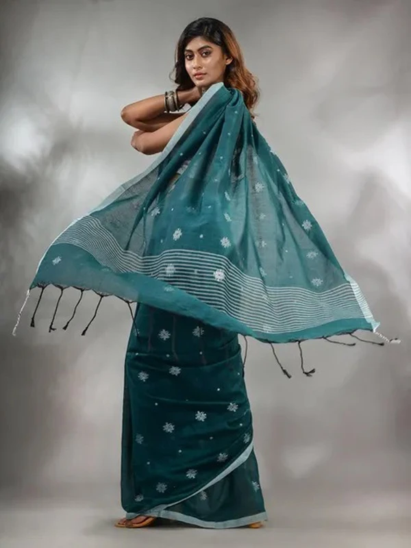 Handloom Floral Motive Saree - Teal, Cotton, Cotton (CK)