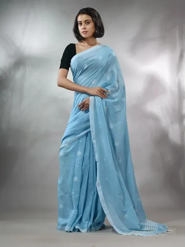 Handloom Floral Motive Saree - Seagull, Cotton, Cotton (CK)