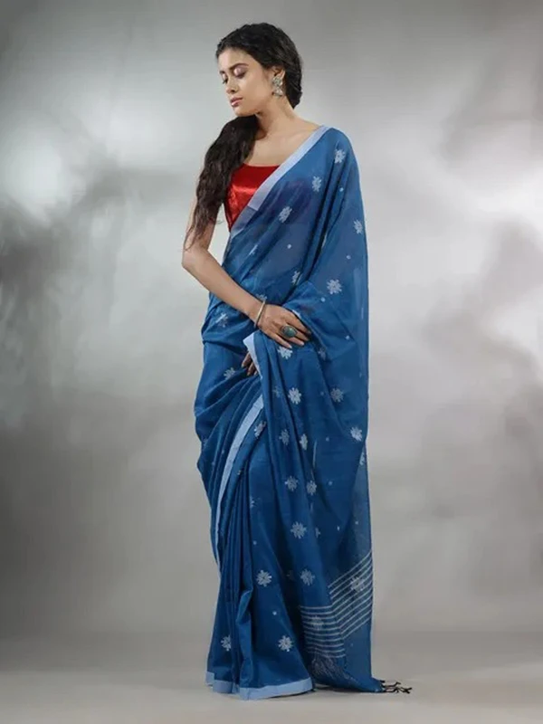 Handloom Floral Motive Saree - Blue, Cotton, Cotton (CK)