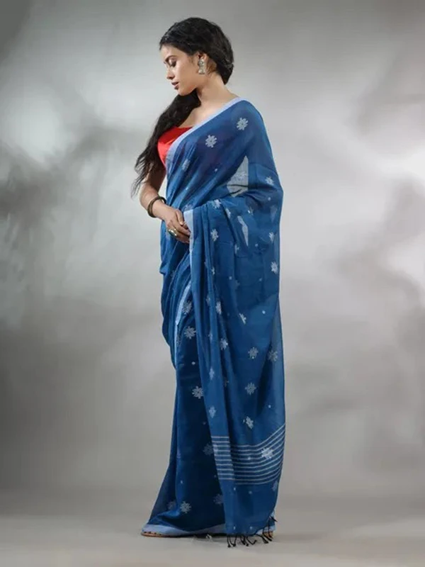 Handloom Floral Motive Saree - Blue, Cotton, Cotton (CK)