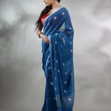 Handloom Floral Motive Saree - Blue, Cotton, Cotton (CK)