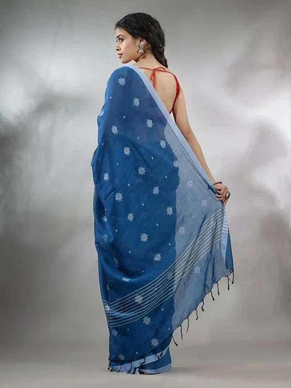 Handloom Floral Motive Saree - Blue, Cotton, Cotton (CK)