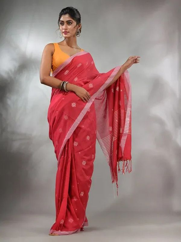 Handloom Floral Motive Saree - Red, Cotton, Cotton (CK)