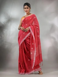 Handloom Floral Motive Saree - Red