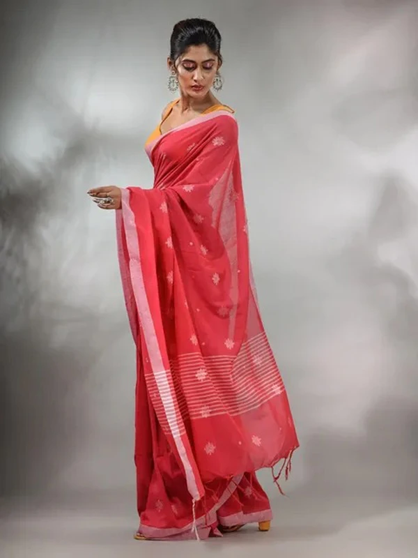 Handloom Floral Motive Saree - Red, Cotton, Cotton (CK)