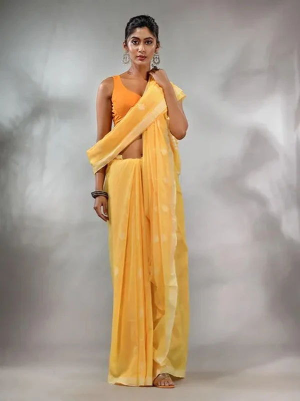 Handloom Floral Motive Saree - Lightning Yellow, Cotton, Cotton (CK)