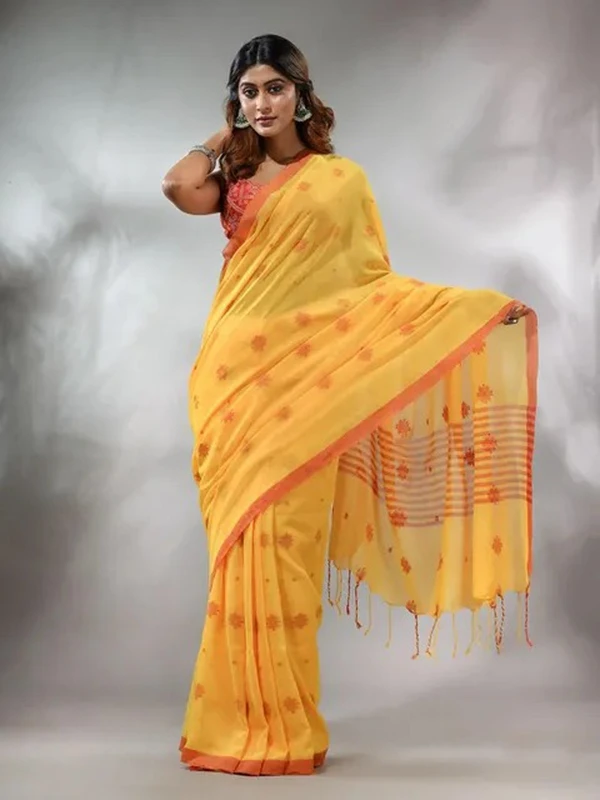 Handloom Floral Motive Saree - Golden Tainoi, Cotton, Cotton (CK)