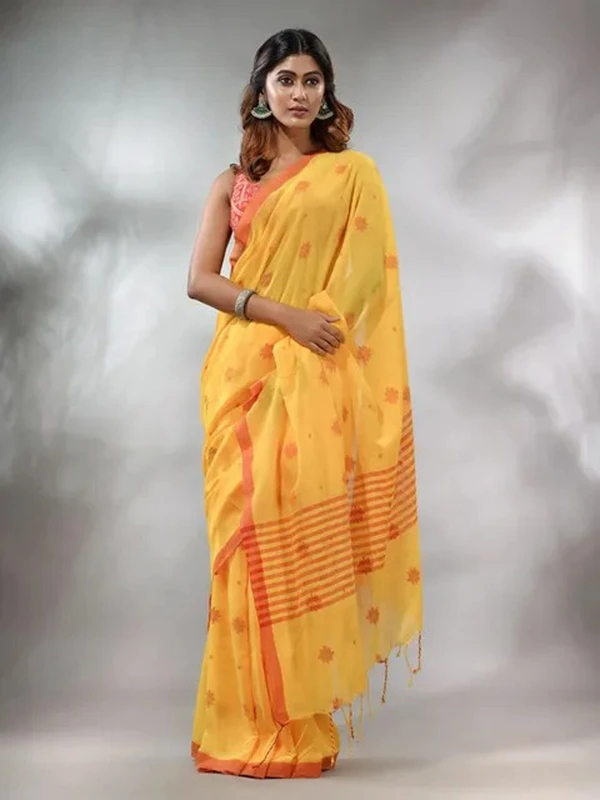 Handloom Floral Motive Saree - Golden Tainoi, Cotton, Cotton (CK)