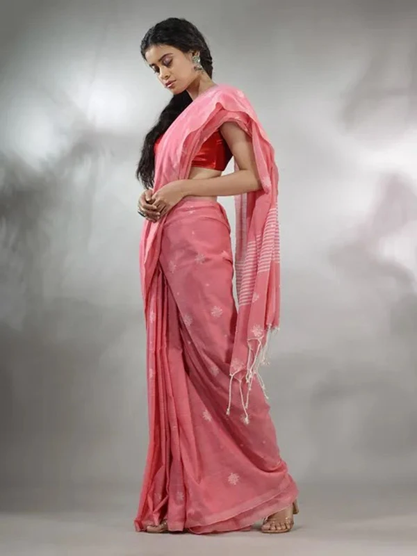 Handloom Floral Motive Saree - Salmon, Cotton, Cotton (CK)