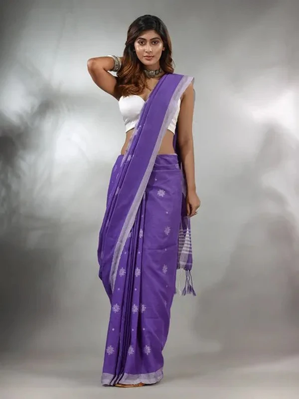 Handloom Floral Motive Saree - Electric Violet, Cotton, Cotton (CK)