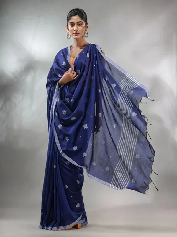 Handloom Floral Motive Saree - Navy Blue, Cotton, Cotton (CK)