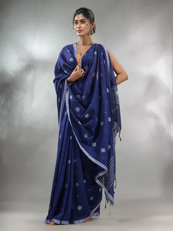 Handloom Floral Motive Saree - Navy Blue, Cotton, Cotton (CK)