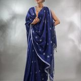 Handloom Floral Motive Saree - Navy Blue, Cotton, Cotton (CK)