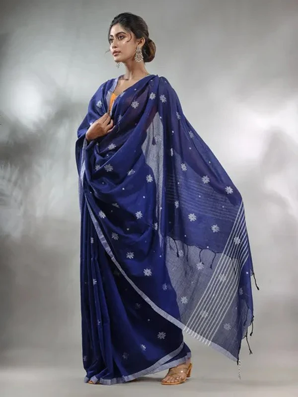 Handloom Floral Motive Saree - Navy Blue, Cotton, Cotton (CK)