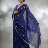 Handloom Floral Motive Saree - Navy Blue, Cotton, Cotton (CK)