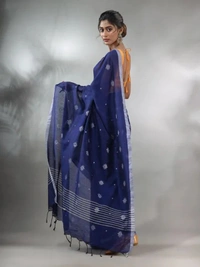 Handloom Floral Motive Saree - Navy Blue