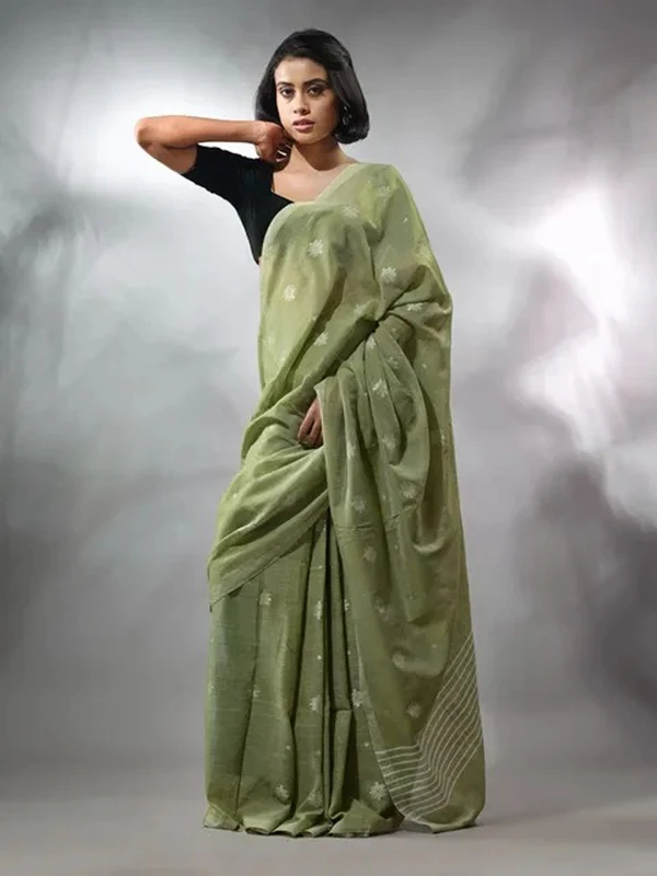 Handloom Floral Motive Saree - Olive