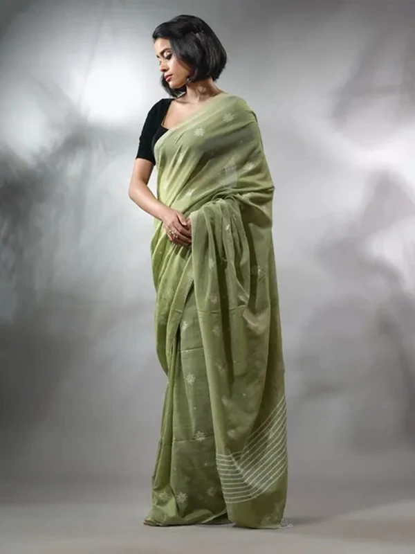 Handloom Floral Motive Saree - Olive, Cotton, Cotton (CK)