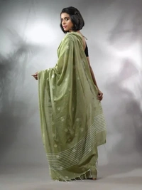 Handloom Floral Motive Saree - Olive